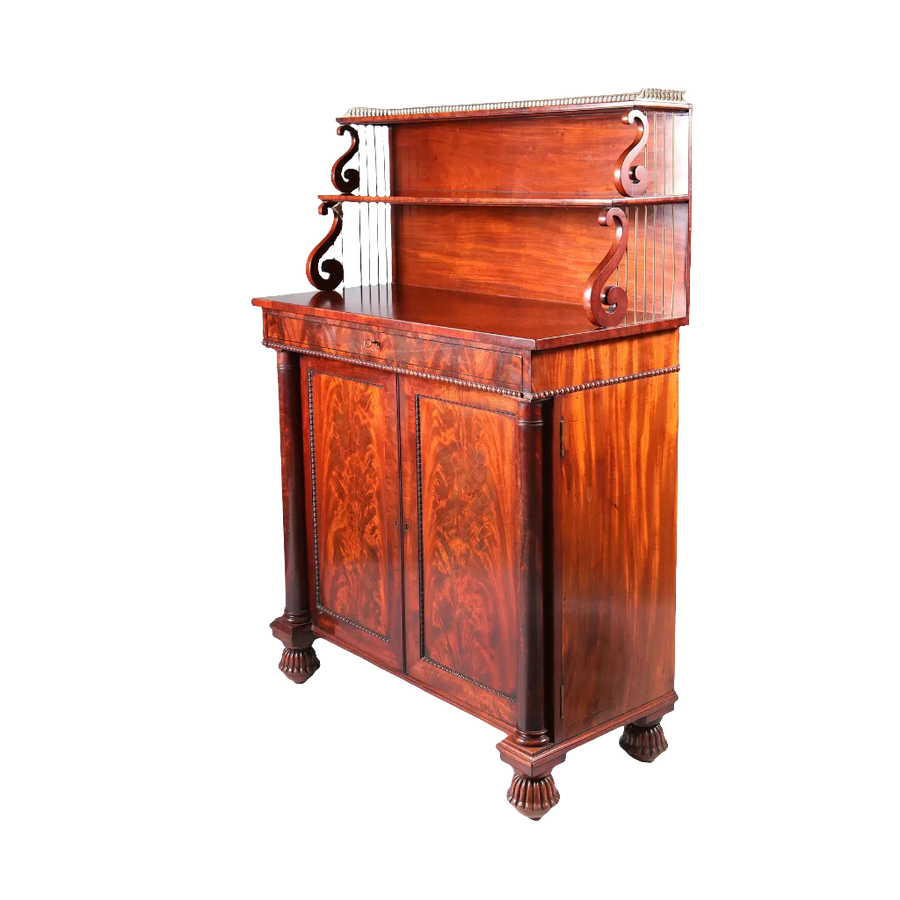 Regency mahogany chiffonier with scroll ends and gadrooned bun feet by Nwtiques circa 1815 England