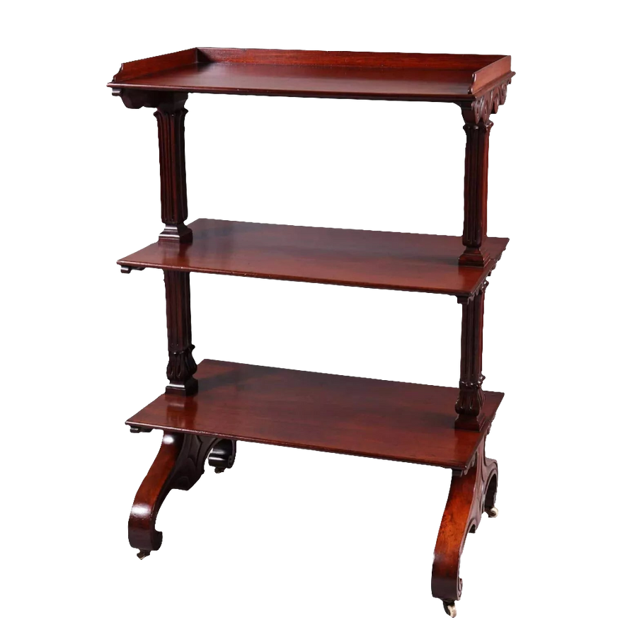 William IV Mahogany Etagere three-tier mid-19th-century shelf with carved legs and wheels England circa 1840