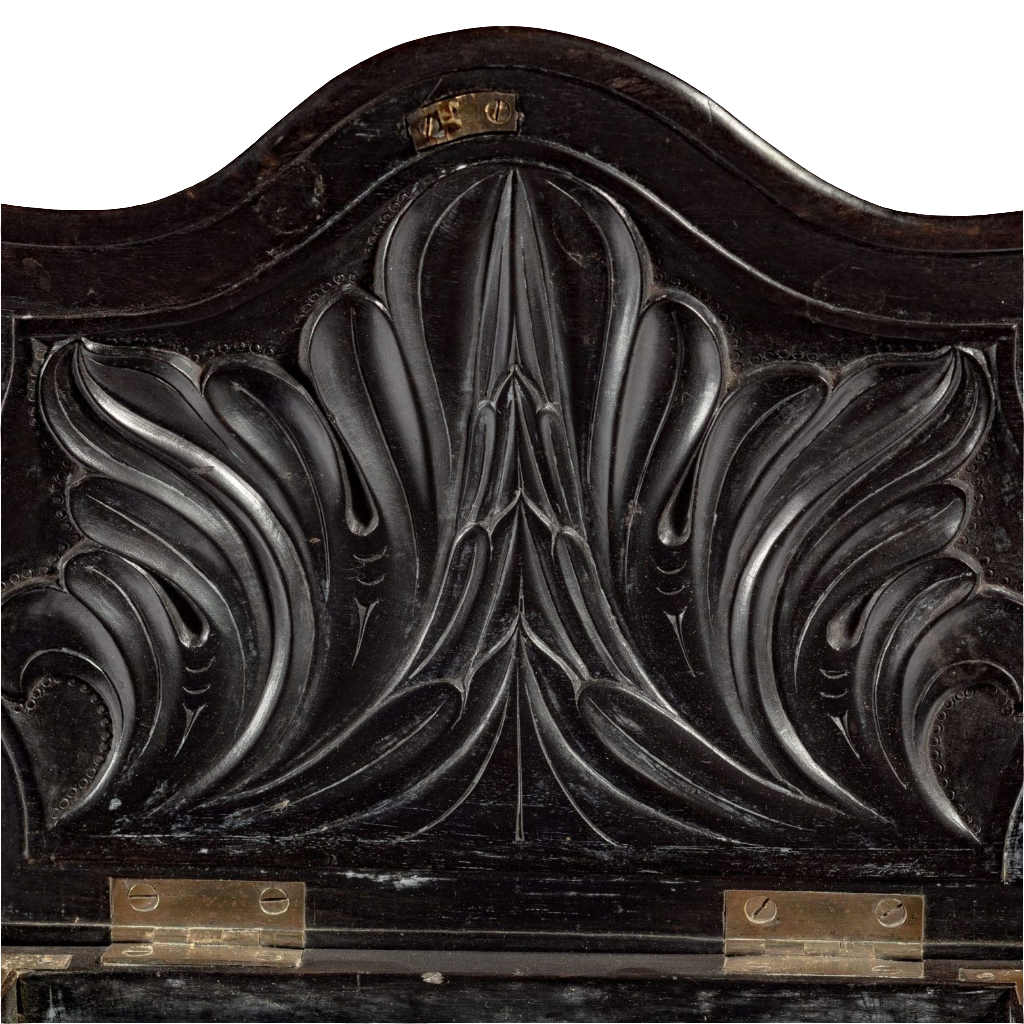 Close-up of carved floral ebony detail on mid 19th century workbox by Nwtiques