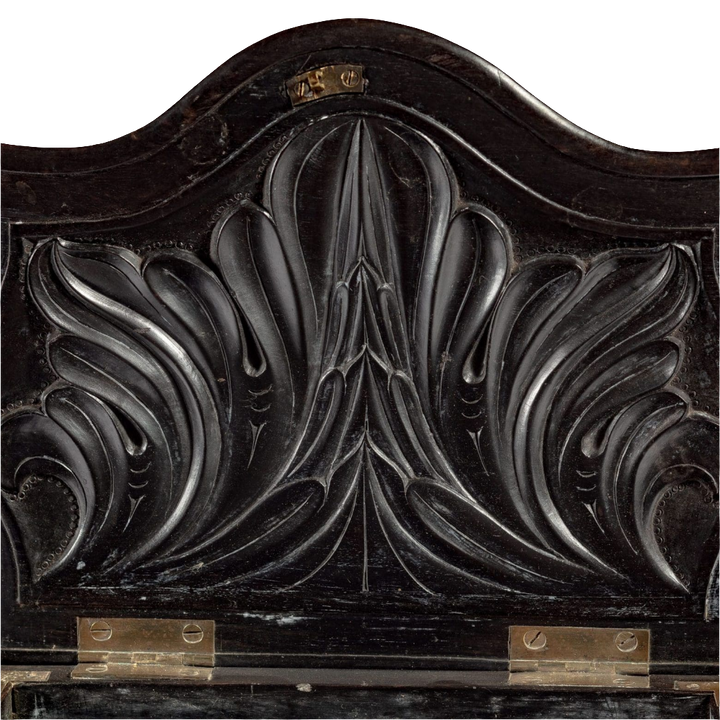 Close-up of carved floral ebony detail on mid 19th century workbox by Nwtiques