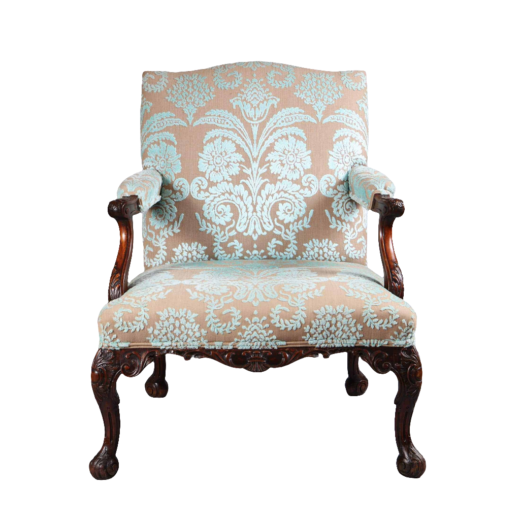 Gainsborough armchair with carved wood frame and patterned upholstery by Collection CK20, inspired by Paul Saunders design.