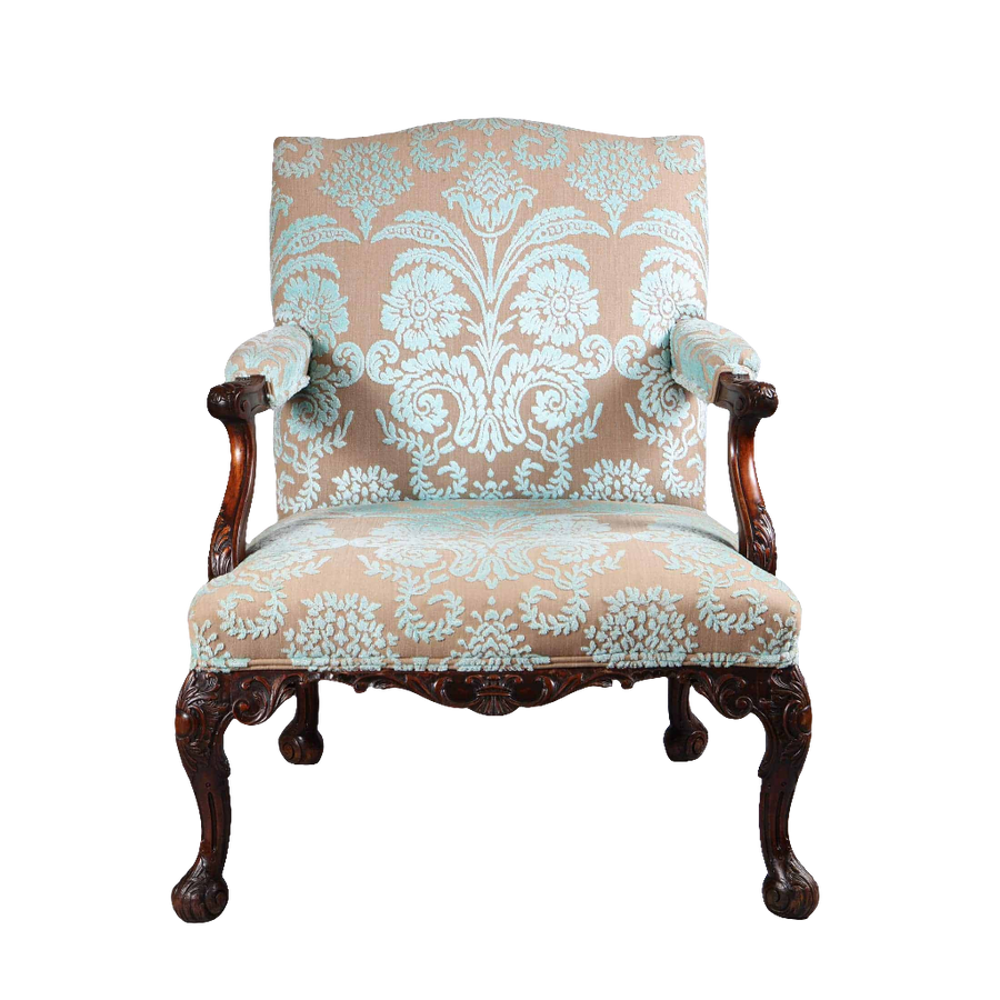 Gainsborough armchair with carved wood frame and patterned upholstery by Collection CK20, inspired by Paul Saunders design.