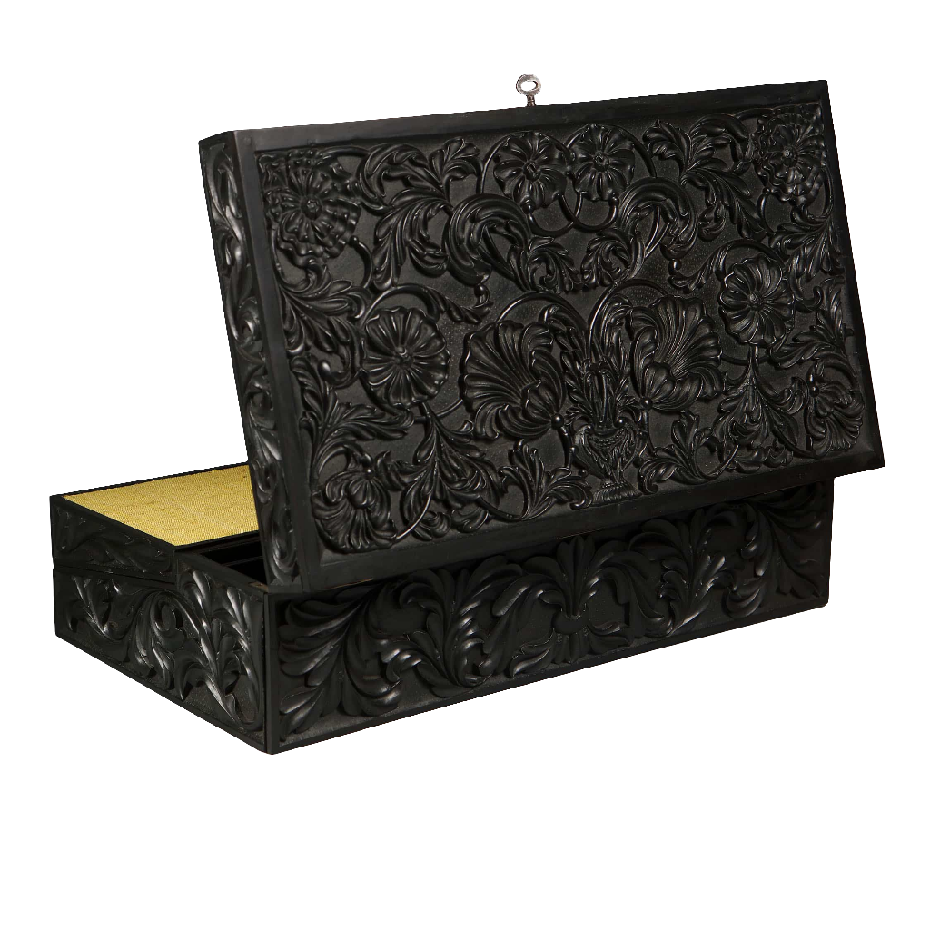 Mid-19th century Anglo Ceylonese ebony writing slope with intricate floral carvings by Nicholas Wells Antiques