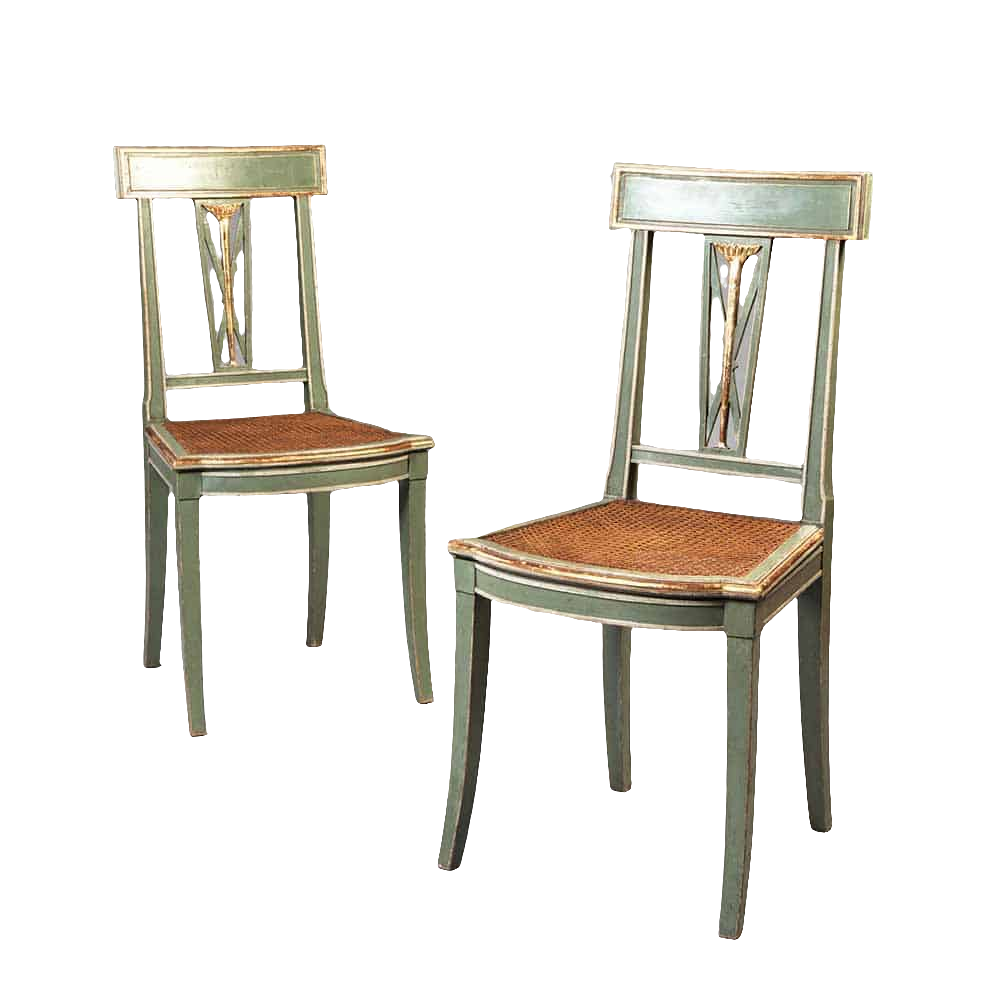 Pair of green painted and gold Italian side chairs with caned seats by Nwtiques circa 1900