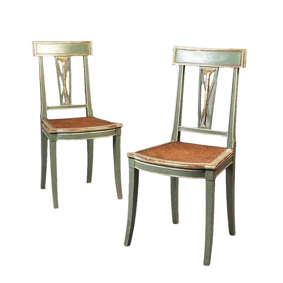Pair of green painted and gold Italian side chairs with caned seats by Nwtiques circa 1900