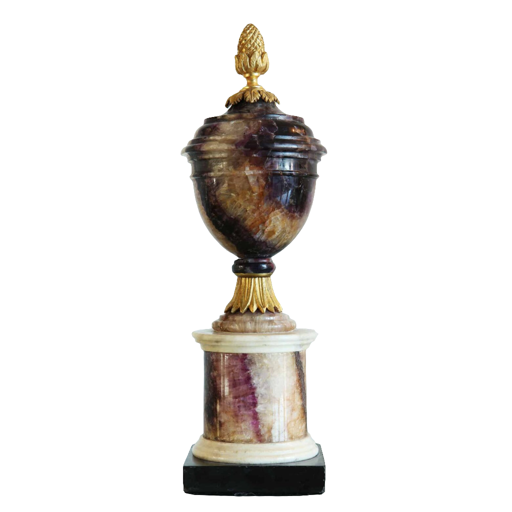 George III turned Blue John urn with gilt bronze finial on marble base by Collection CK20