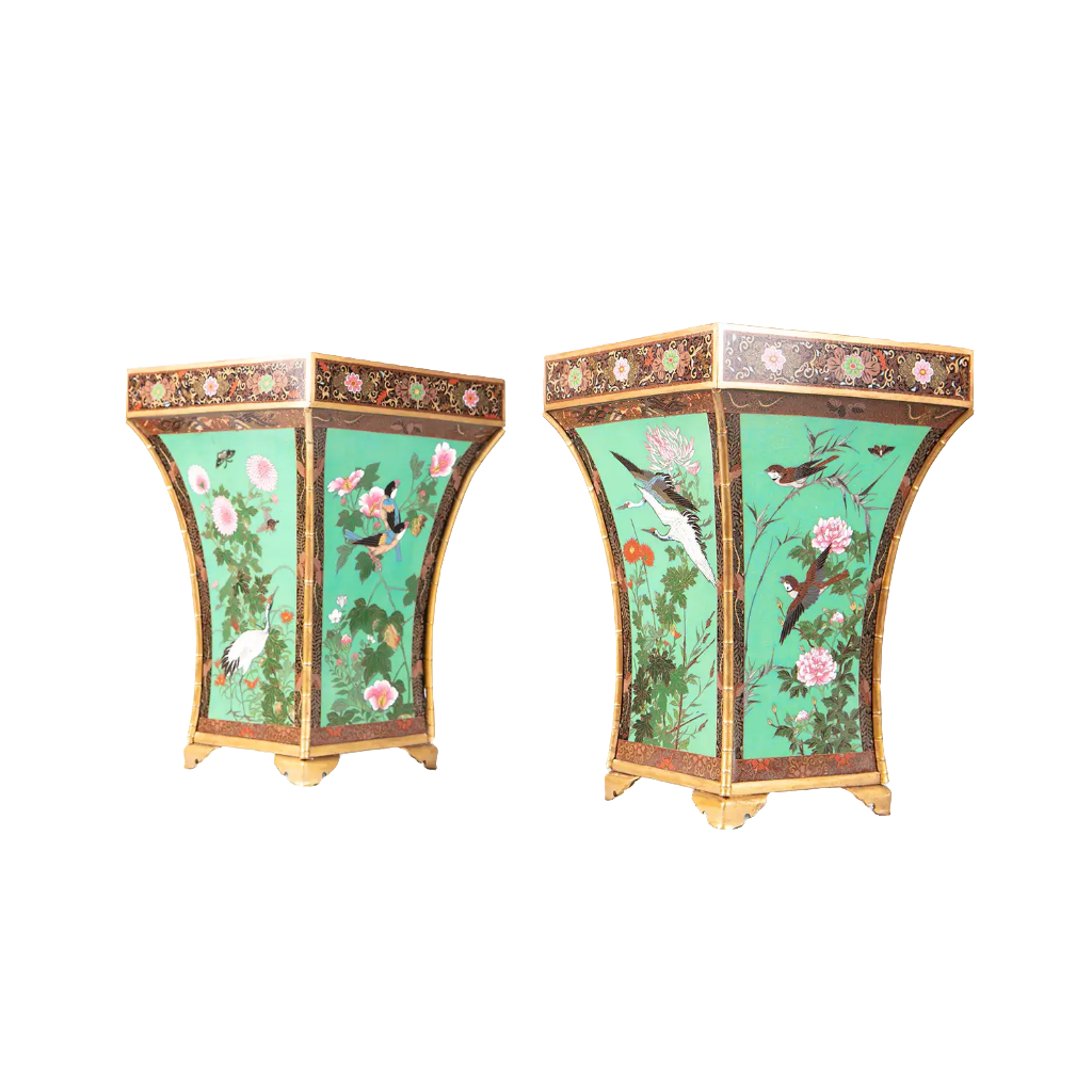 Pair of Qing Dynasty Chinese cloisonné enamel cache pots with birds and peonies, from Nwtiques