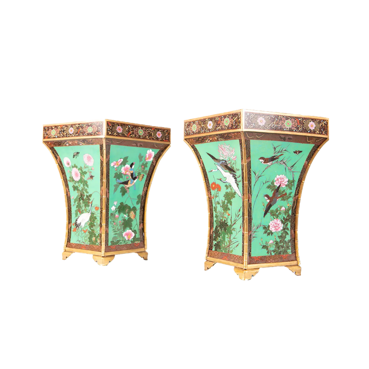Pair of Qing Dynasty Chinese cloisonné enamel cache pots with birds and peonies, from Nwtiques