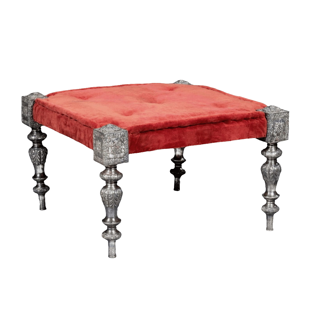 19th century Rajasthani silver mounted stool with red velvet upholstery by Collection EE30