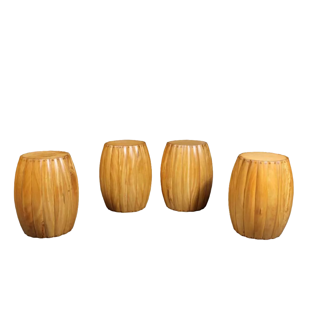 Four satinwood stools with rounded slatted design by Collection EE30, usable as stools or end tables