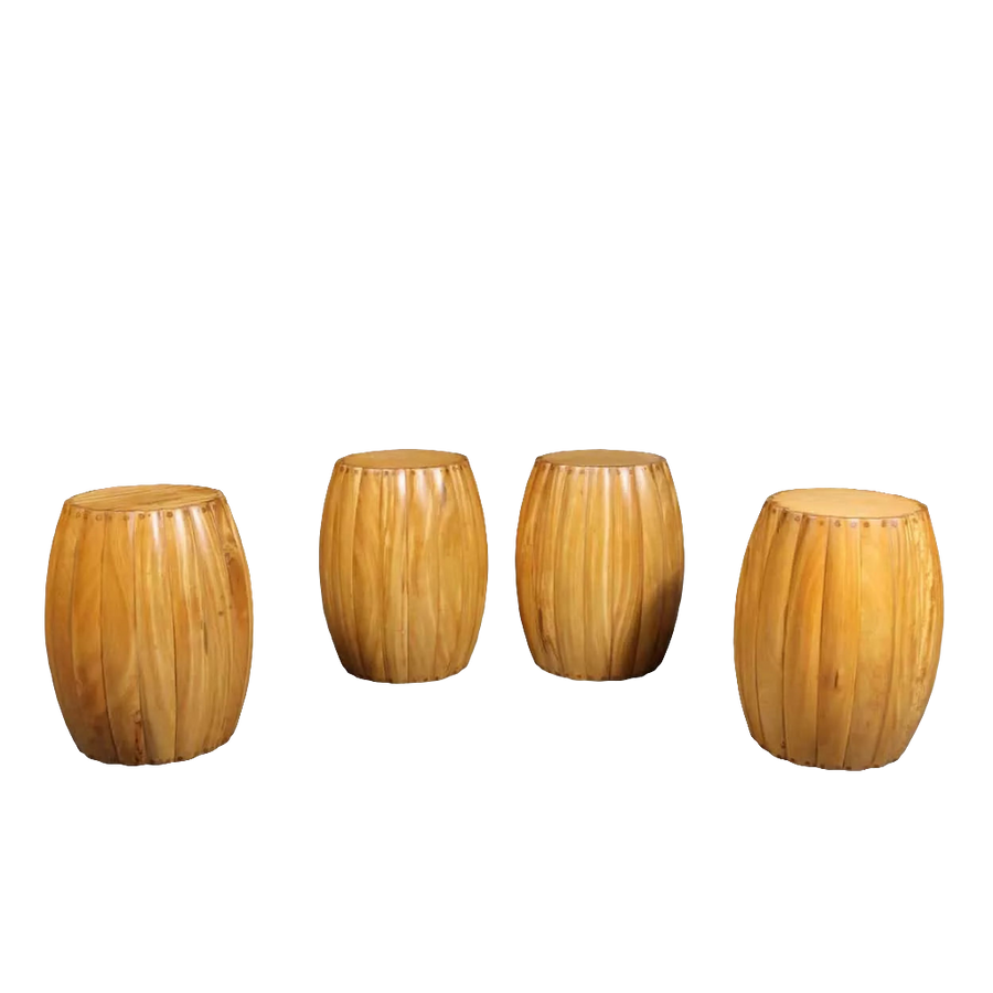 Four satinwood stools with rounded slatted design by Collection EE30, usable as stools or end tables