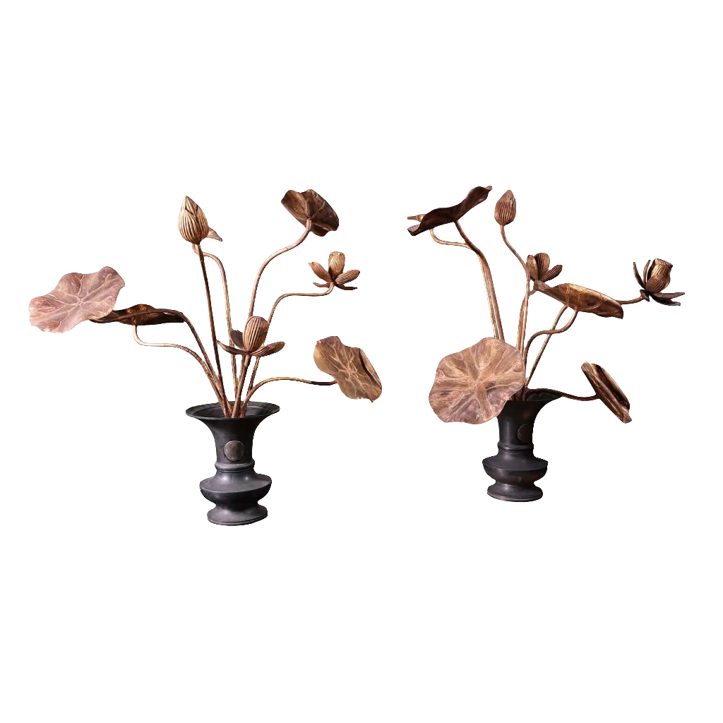 Pair of 19th century Japanese gold lacquered lotus flower vases with bronze bases from Collection EE20