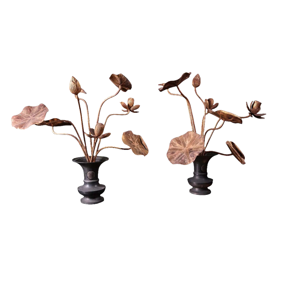Pair of 19th century Japanese gold lacquered lotus flower vases with bronze bases from Collection EE20