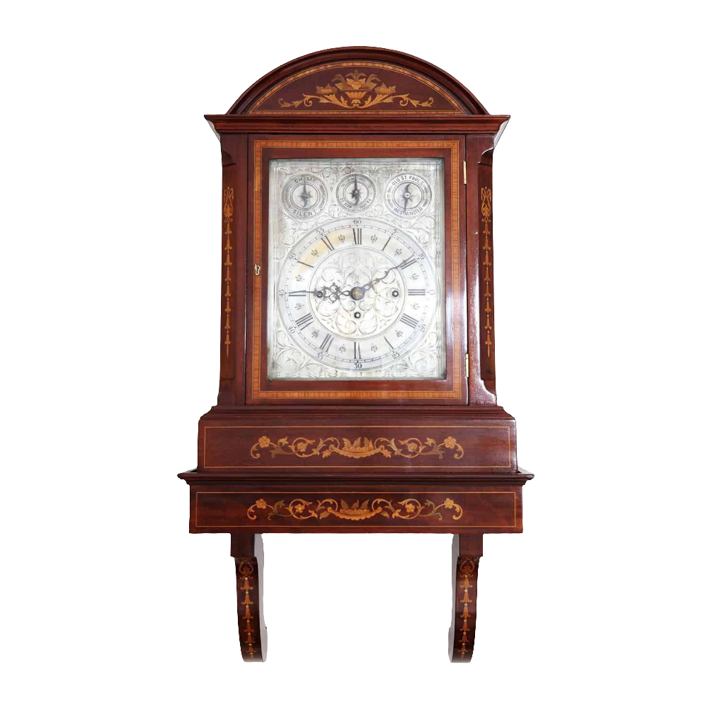 Late 19th century marquetry bracket clock with engraved face by Nwtiques on original wall bracket