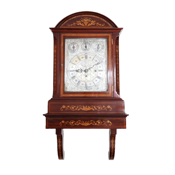 Late 19th century marquetry bracket clock with engraved face by Nwtiques on original wall bracket