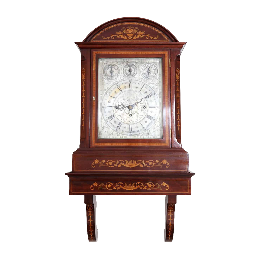 Late 19th century marquetry bracket clock with engraved face by Nwtiques on original wall bracket