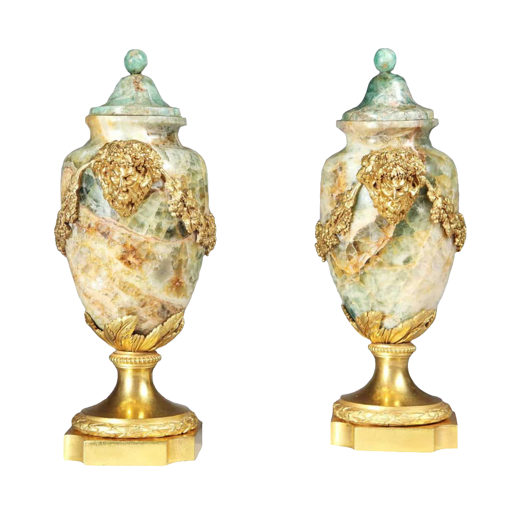 Pair of rare Louis XVI Weardale Fluorspar urns with ormolu mounts by Nwtiques, circa 1790 France