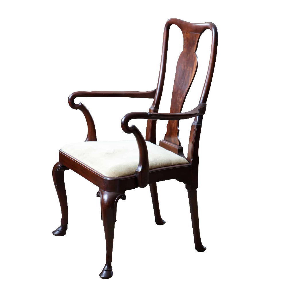 George II style mahogany elbow dining chair with hoof feet and beige upholstered seat by Nwtiques