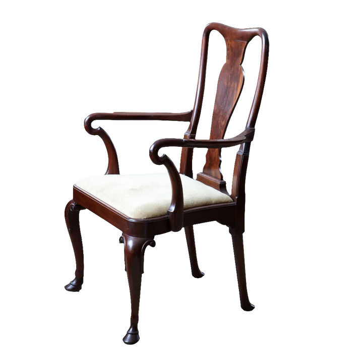 George II style mahogany elbow dining chair with hoof feet and beige upholstered seat by Nwtiques