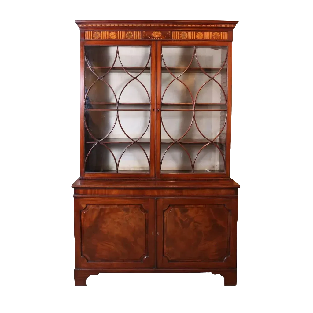 George III Sheraton mahogany cabinet bookcase with boxwood inlay and glazed doors by Collection CK20