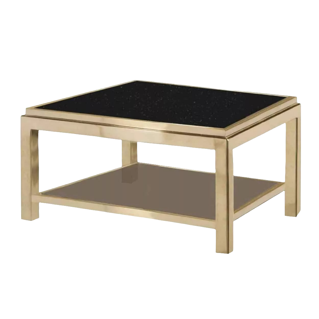 Willy Rizzo Flaminia Table with gold-plated frame, black marble top, and smoked glass shelf by Collection CK30.