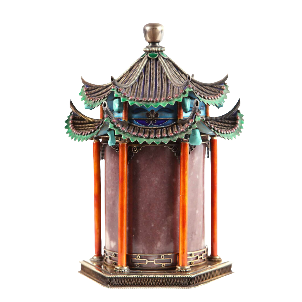 Chinese silver gilt, jade, and enamel pagoda temple casket by Nwtiques, 20th century, intricate design, 18 cm tall