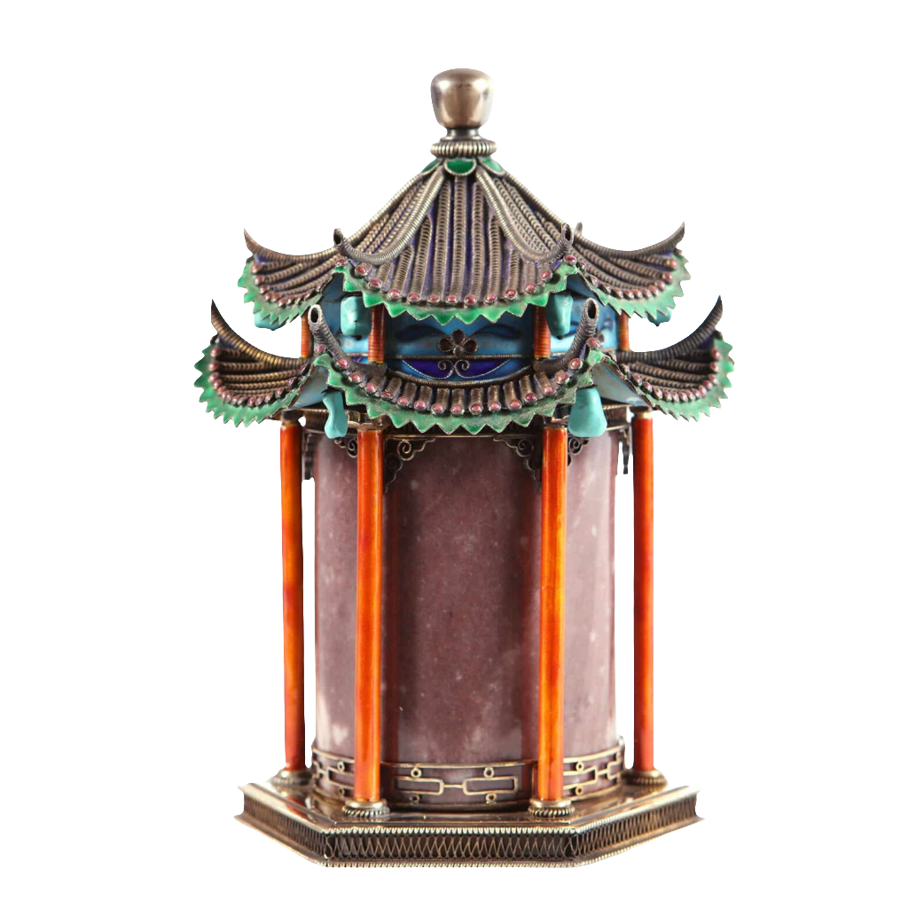 Chinese silver gilt, jade, and enamel pagoda temple casket by Nwtiques, 20th century, intricate design, 18 cm tall