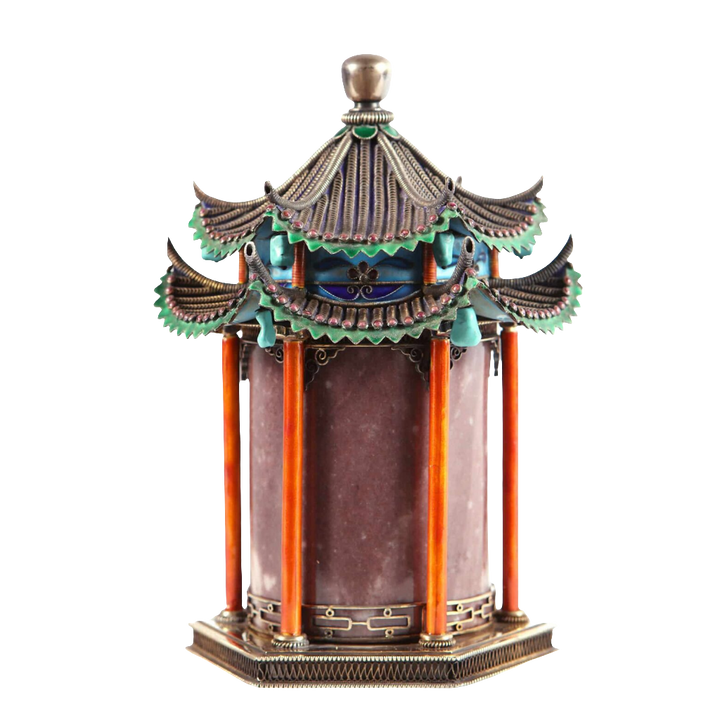 Chinese silver gilt, jade, and enamel pagoda temple casket by Nwtiques, 20th century, intricate design, 18 cm tall