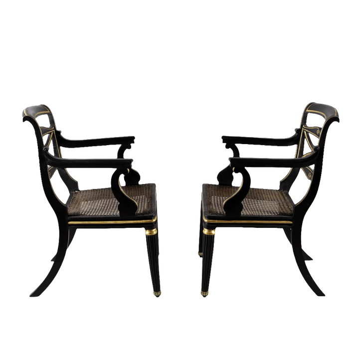 Pair of Regency parcel gilt armchairs with black and gold detail, classic design by Collection TH20, elegant early 19th century style