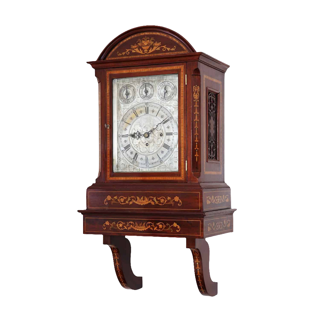 Late 19th century marquetry bracket clock with engraved face on original bracket by Nwtiques