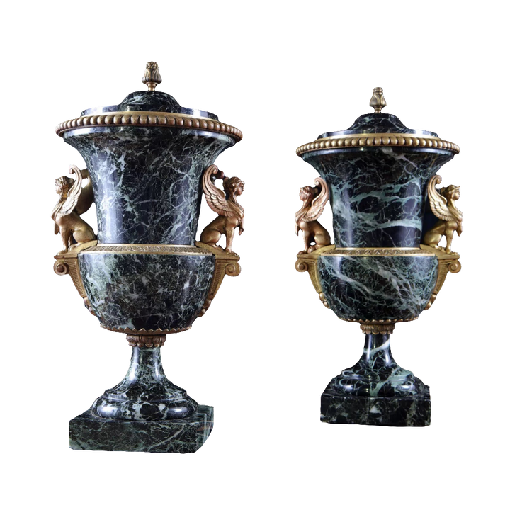 Pair of green marble and gilt bronze urns with classical sphinx motifs by Collection CK20, circa 1880 Italy