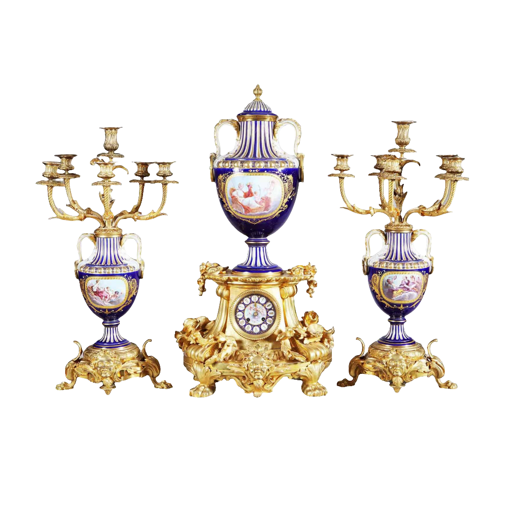 Napoleon III ormolu and Sevres porcelain clock set with candelabras by Nwtiques circa 1870