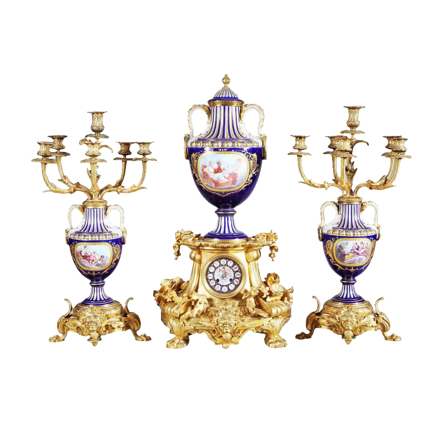Napoleon III ormolu and Sevres porcelain clock set with candelabras by Nwtiques circa 1870