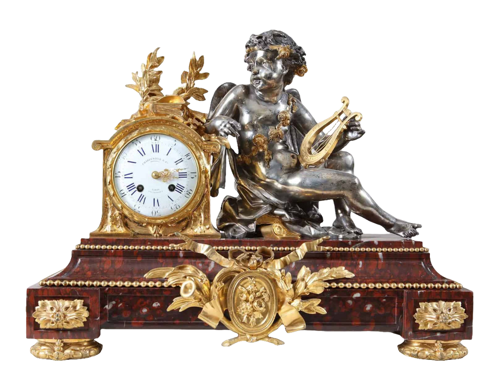 Rouge Griotte Marble French Clock Garniture by Nwtiques with gilt and silvered bronze detailing