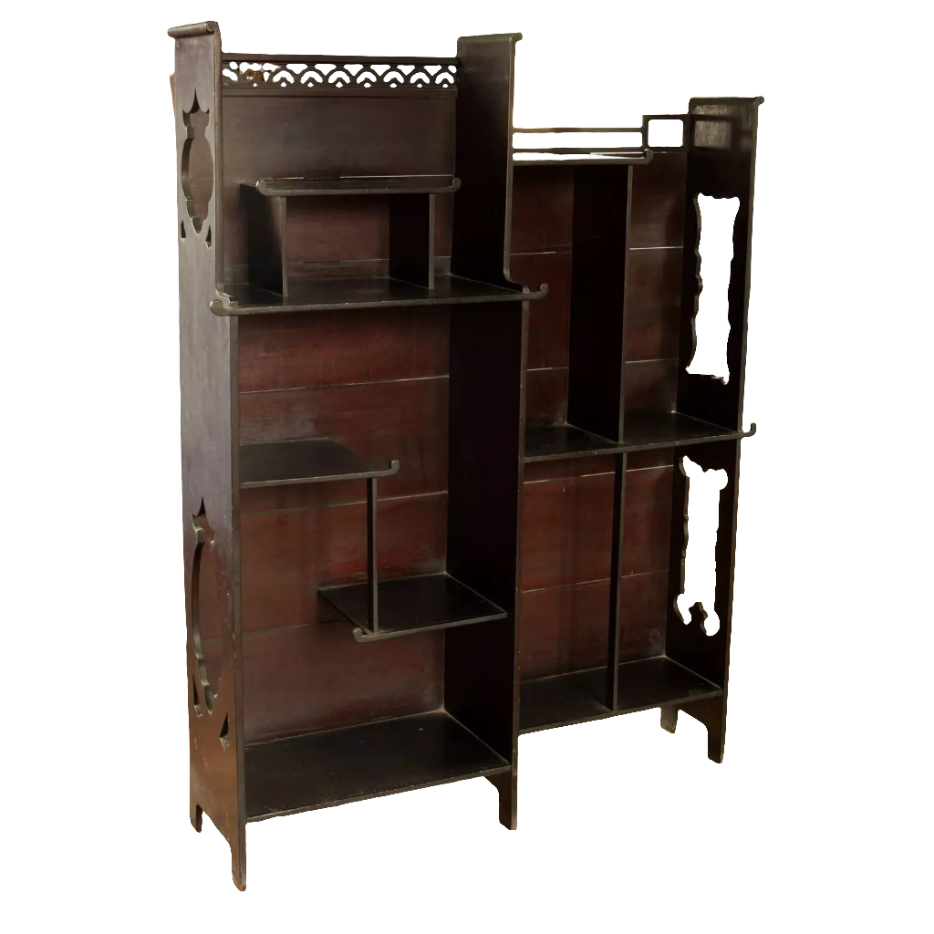 Japanese style open display shelves with intricate cutouts and multiple platforms by Collection EE40 in dark lacquered wood