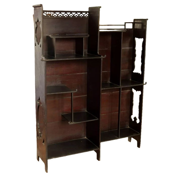 Japanese style open display shelves with intricate cutouts and multiple platforms by Collection EE40 in dark lacquered wood