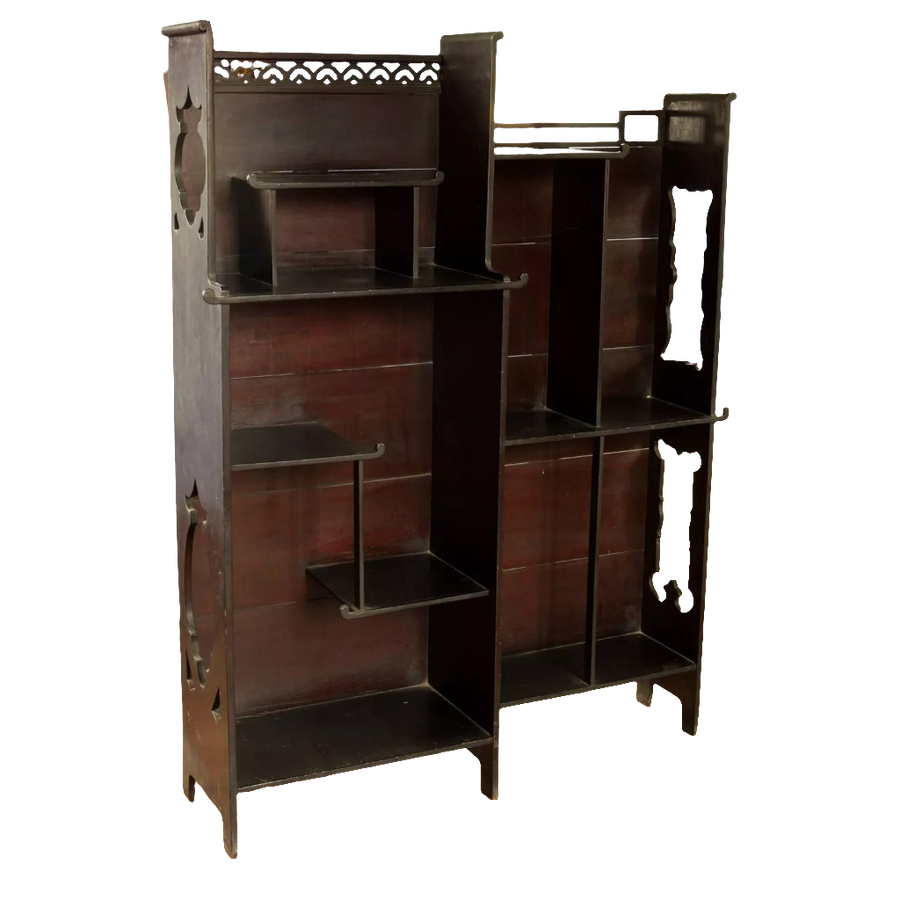 Japanese style open display shelves with intricate cutouts and multiple platforms by Collection EE40 in dark lacquered wood