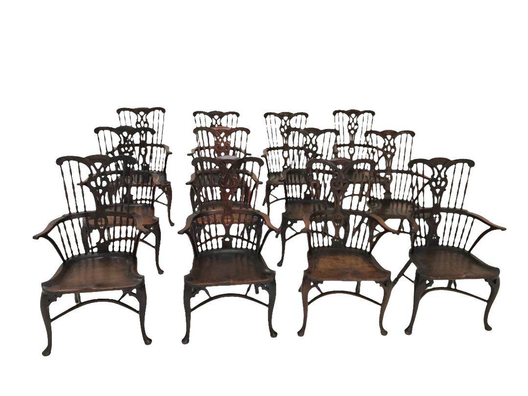 Set of 12 rare Georgian comb-back Windsor armchairs with elm saddle seats by Nwtiques