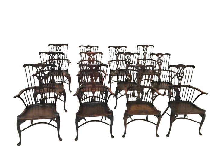 Set of 12 rare Georgian comb-back Windsor armchairs with elm saddle seats by Nwtiques