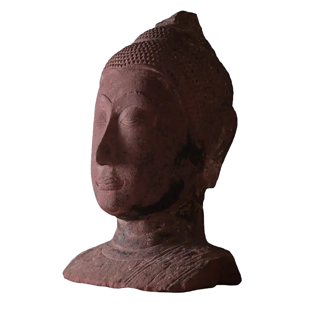 Ayutthayan red sandstone Buddha head with serene expression from Collection NE10, showcasing historic Thai craftsmanship.