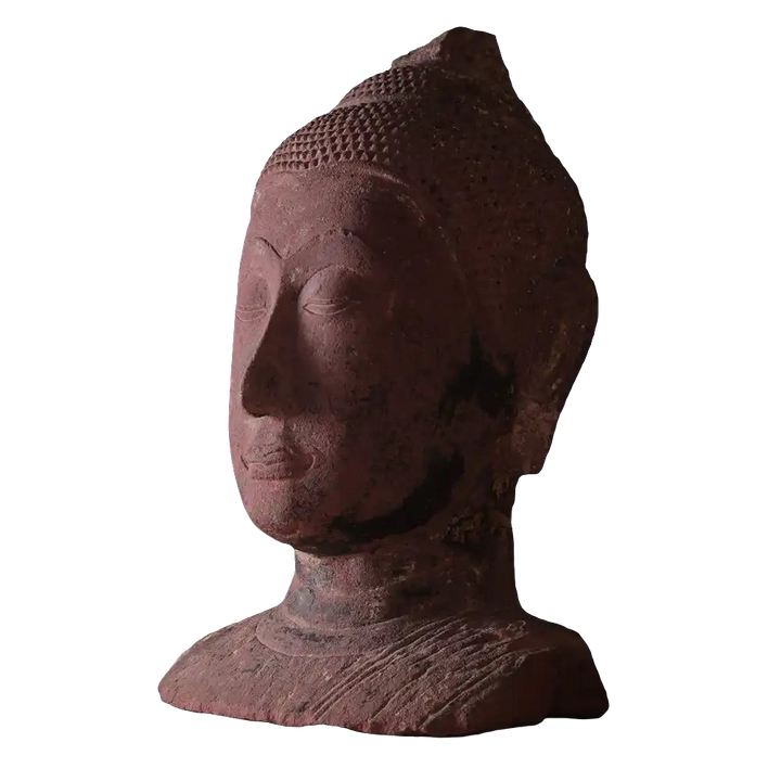 Ayutthayan red sandstone Buddha head with serene expression from Collection NE10, showcasing historic Thai craftsmanship.