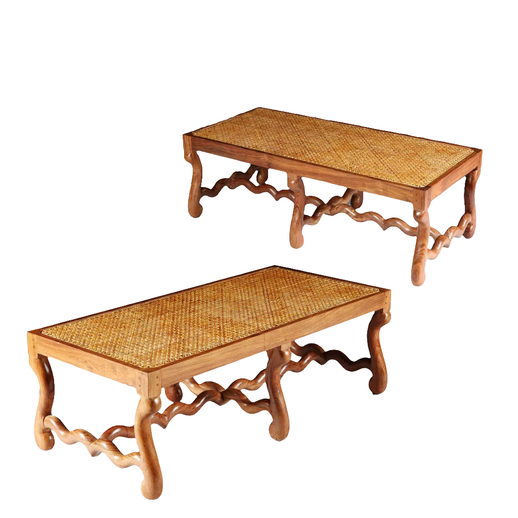 Pair of Os de Mouton walnut caned benches with S-shaped legs by Collection EE30, inspired by French Baroque design.