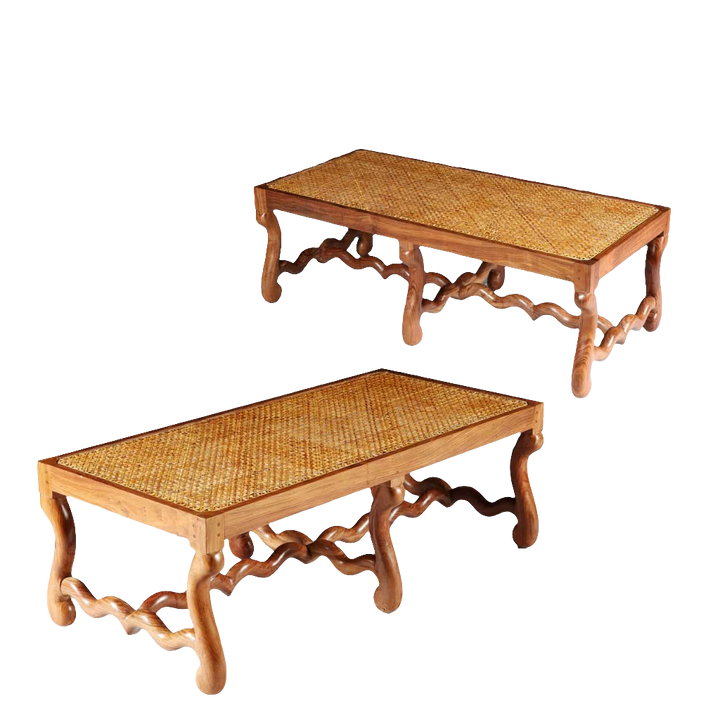 Pair of Os de Mouton walnut caned benches with S-shaped legs by Collection EE30, inspired by French Baroque design.