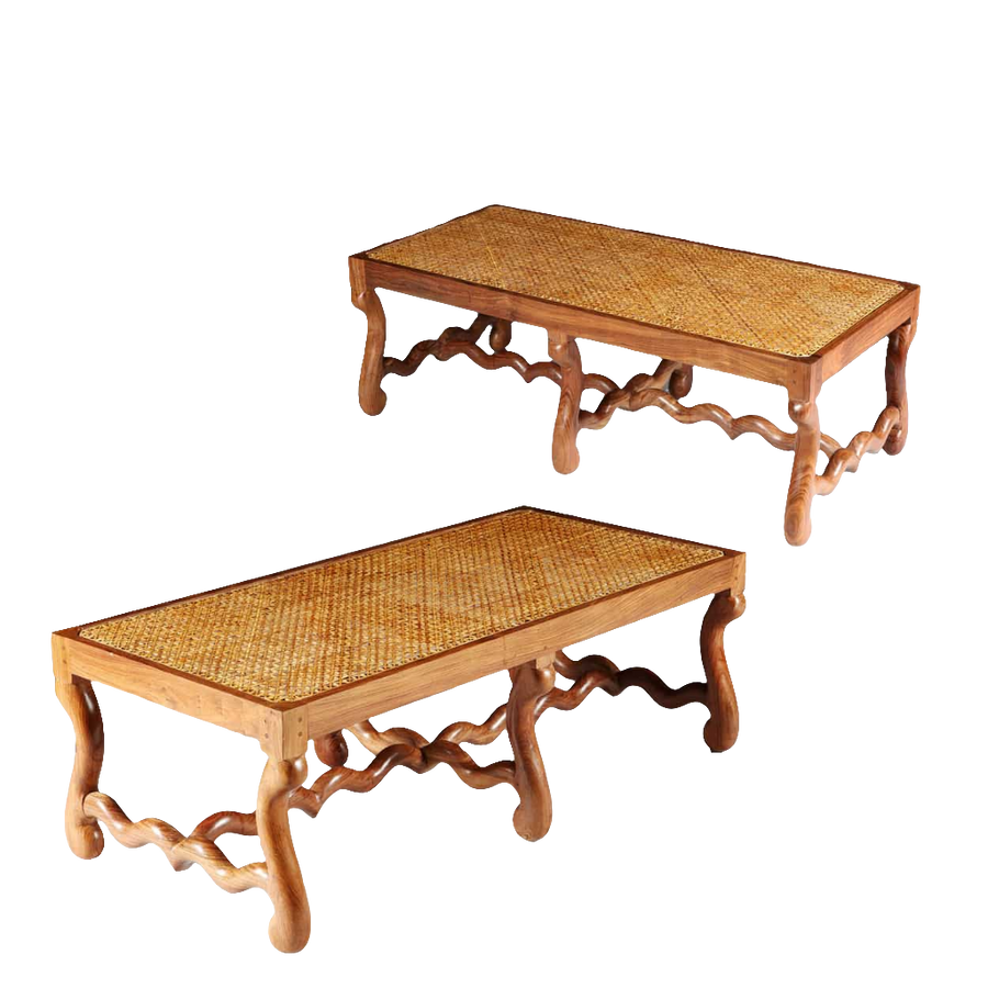 Pair of Os de Mouton walnut caned benches with S-shaped legs by Collection EE30, inspired by French Baroque design.