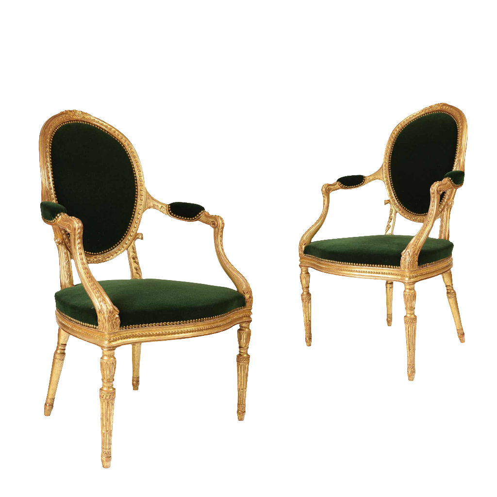 Pair of George III giltwood armchairs with green velvet upholstery by Collection CK20, circa 1780, England.