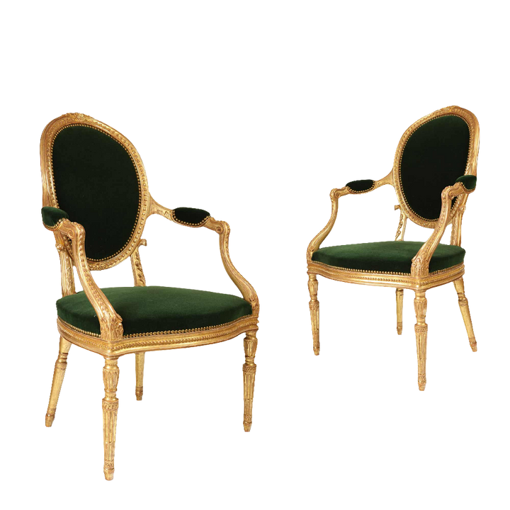 Pair of George III giltwood armchairs with green velvet upholstery by Collection CK20, circa 1780, England.