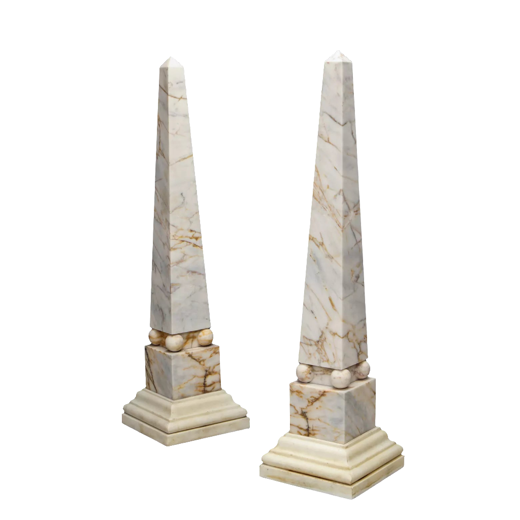 Pair of Skyros and Pentelican marble obelisks with stepped bases by Nwtiques