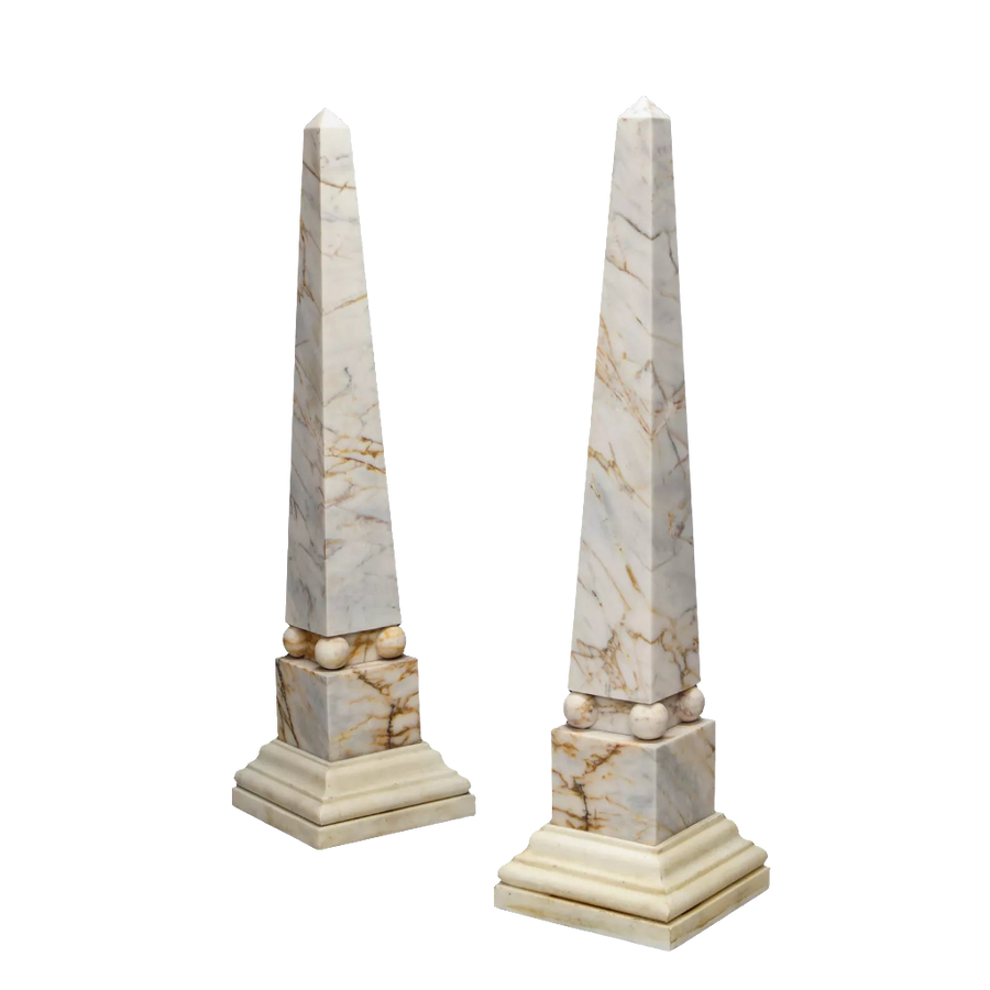 Pair of Skyros and Pentelican marble obelisks with stepped bases by Nwtiques