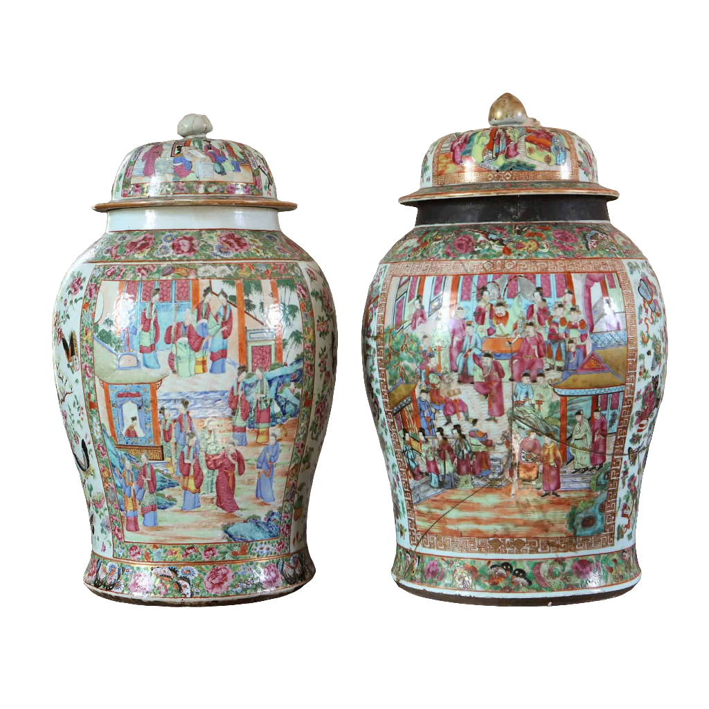 Two large 19th century Canton Chinese export vases with covers from Collection EE20, both with notable damage.