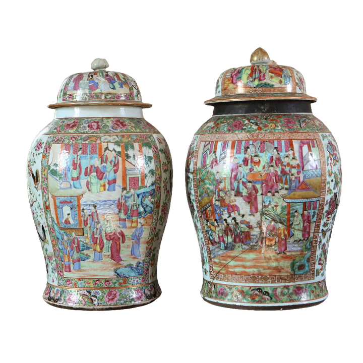 Two large 19th century Canton Chinese export vases with covers from Collection EE20, both with notable damage.